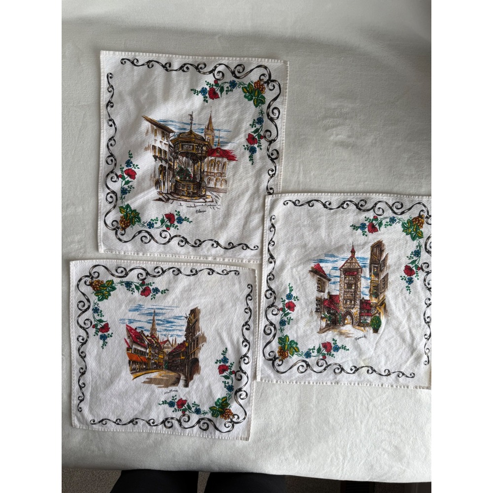 Vintage Alsac German Town Scene Cloth Napkins Set‎ of 3 Cotton Linen